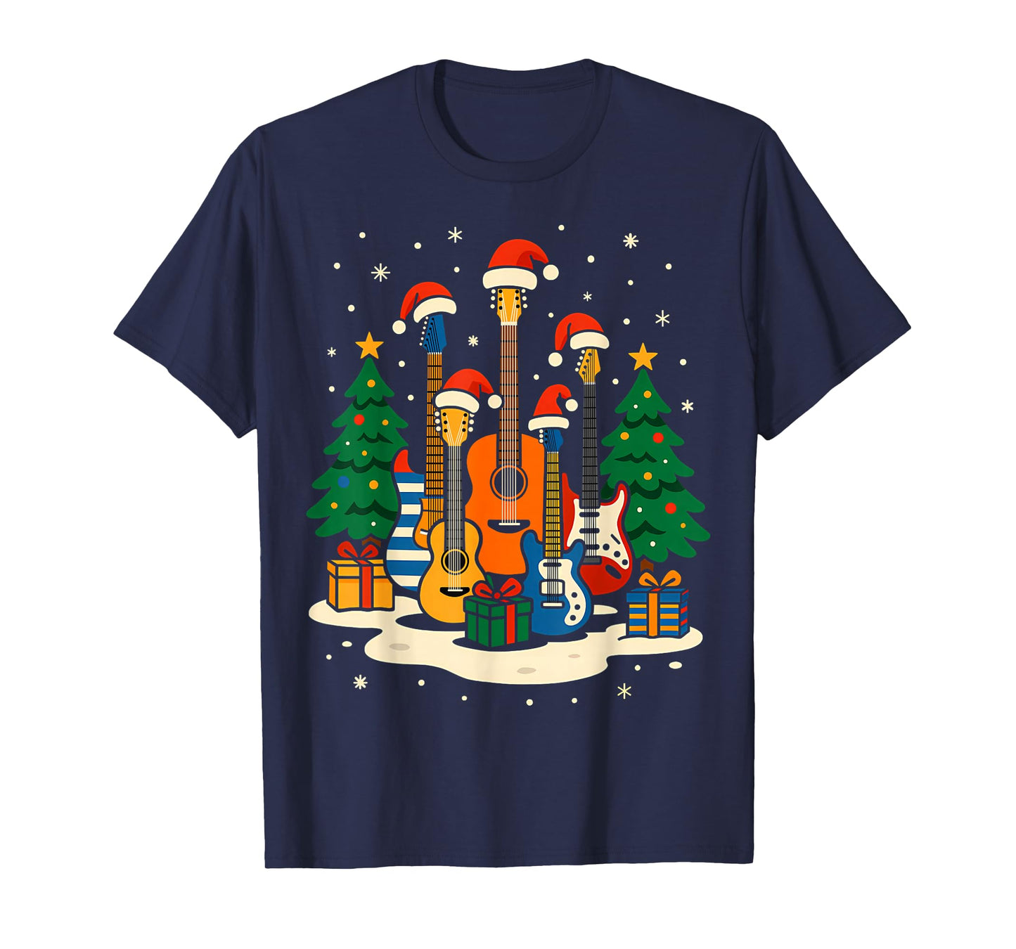 Guitar Santa Hat Christmas Tree Light Funny Music Lover Xmas T-Shirt