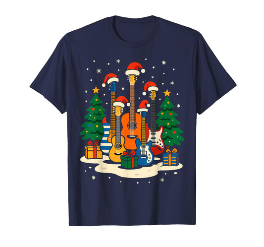 Guitar Santa Hat Christmas Tree Light Funny Music Lover Xmas T-Shirt