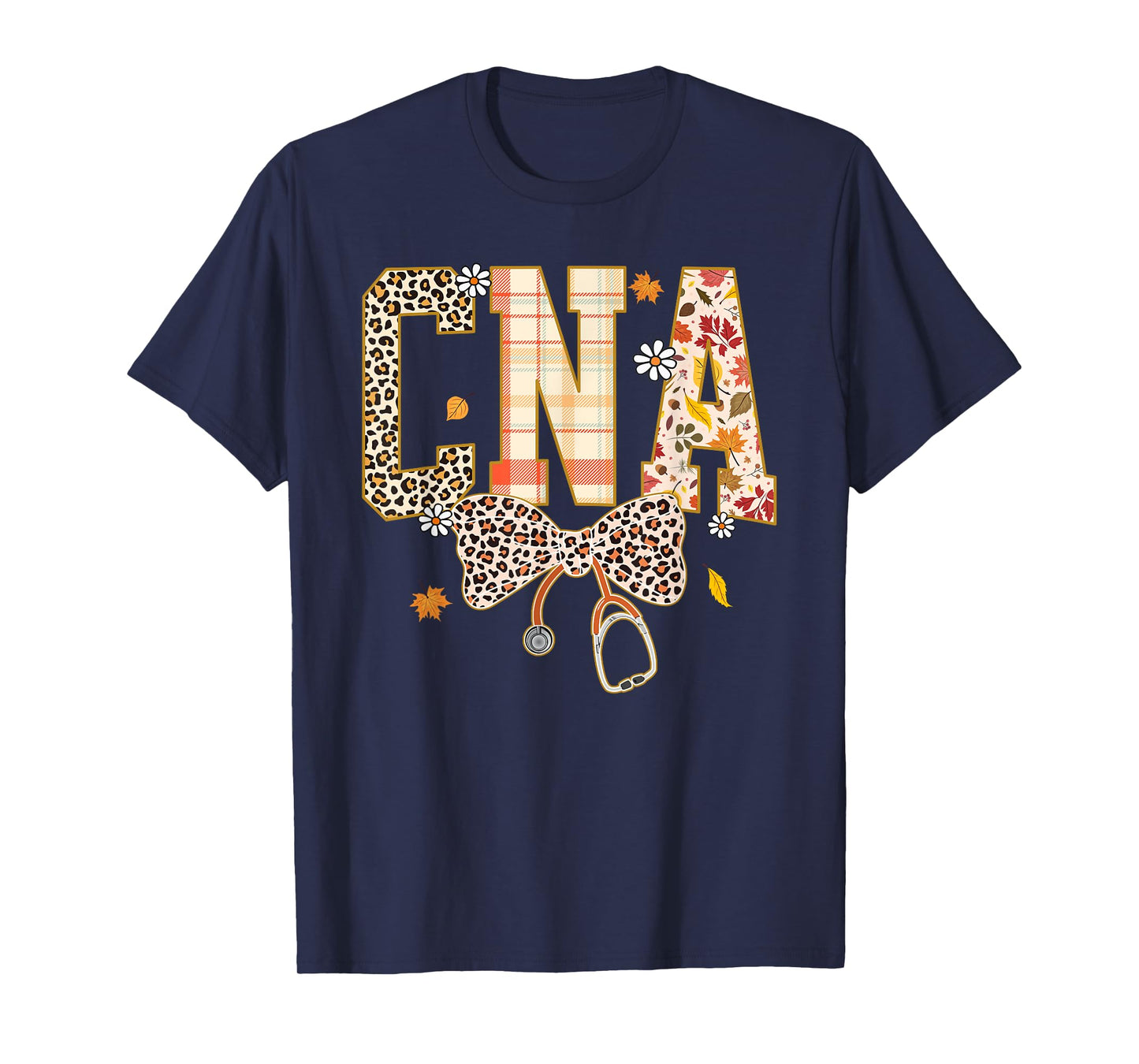 CNA Fall Plaid Leopard Bow Stethoscope T-Shirt