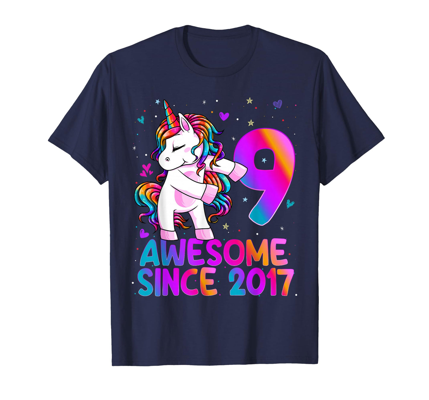 9 Year Old Girl Awesome Since 2017 Unicorn 9th Birthday Girl T-Shirt