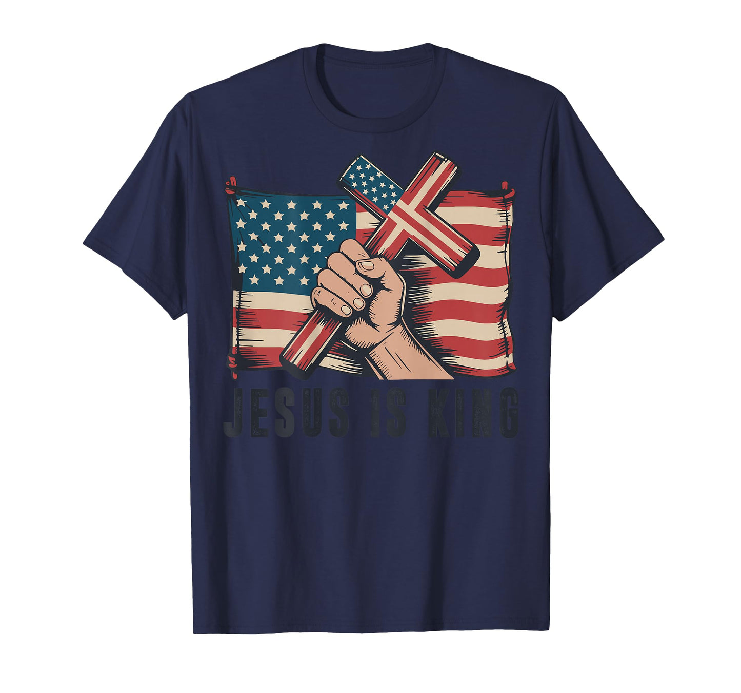 Mens Jesus is King American Flag Christian Patriotic Cross T-Shirt