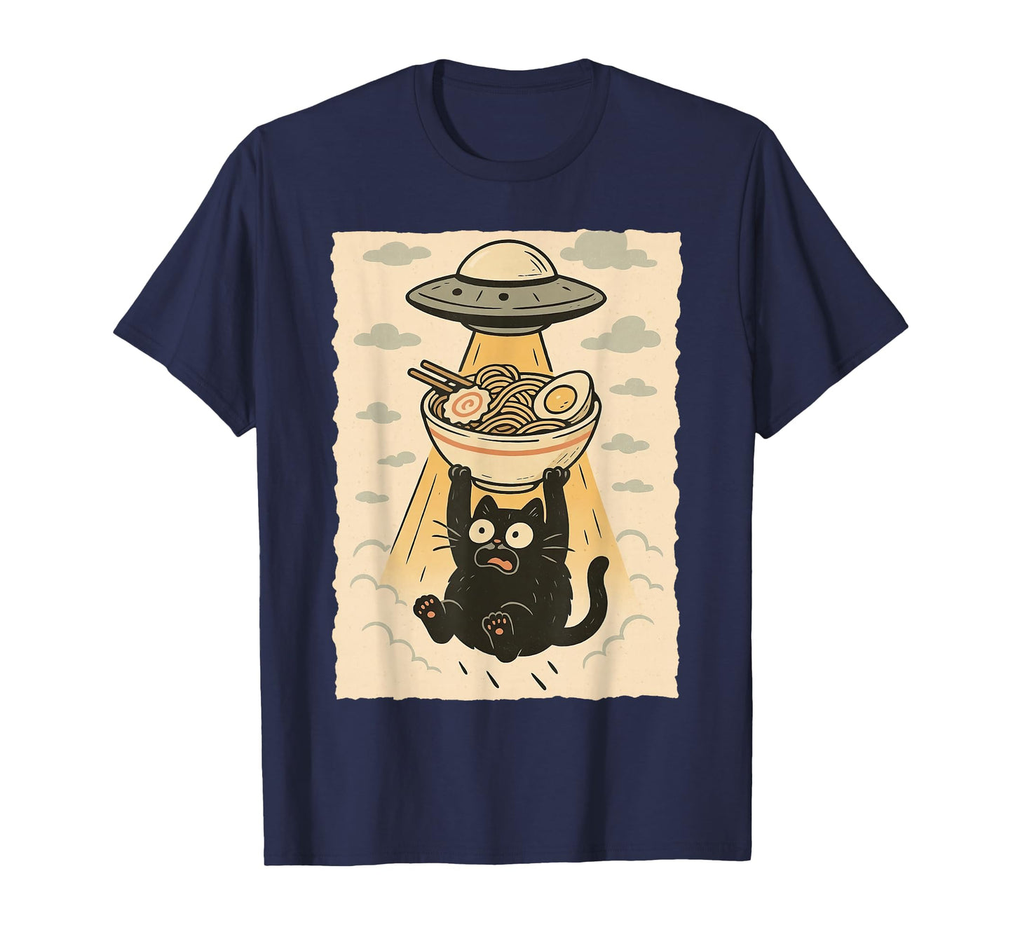 Funny Black Cat UFO Ramen Alien Abduction Graphic Tee Anime T-Shirt