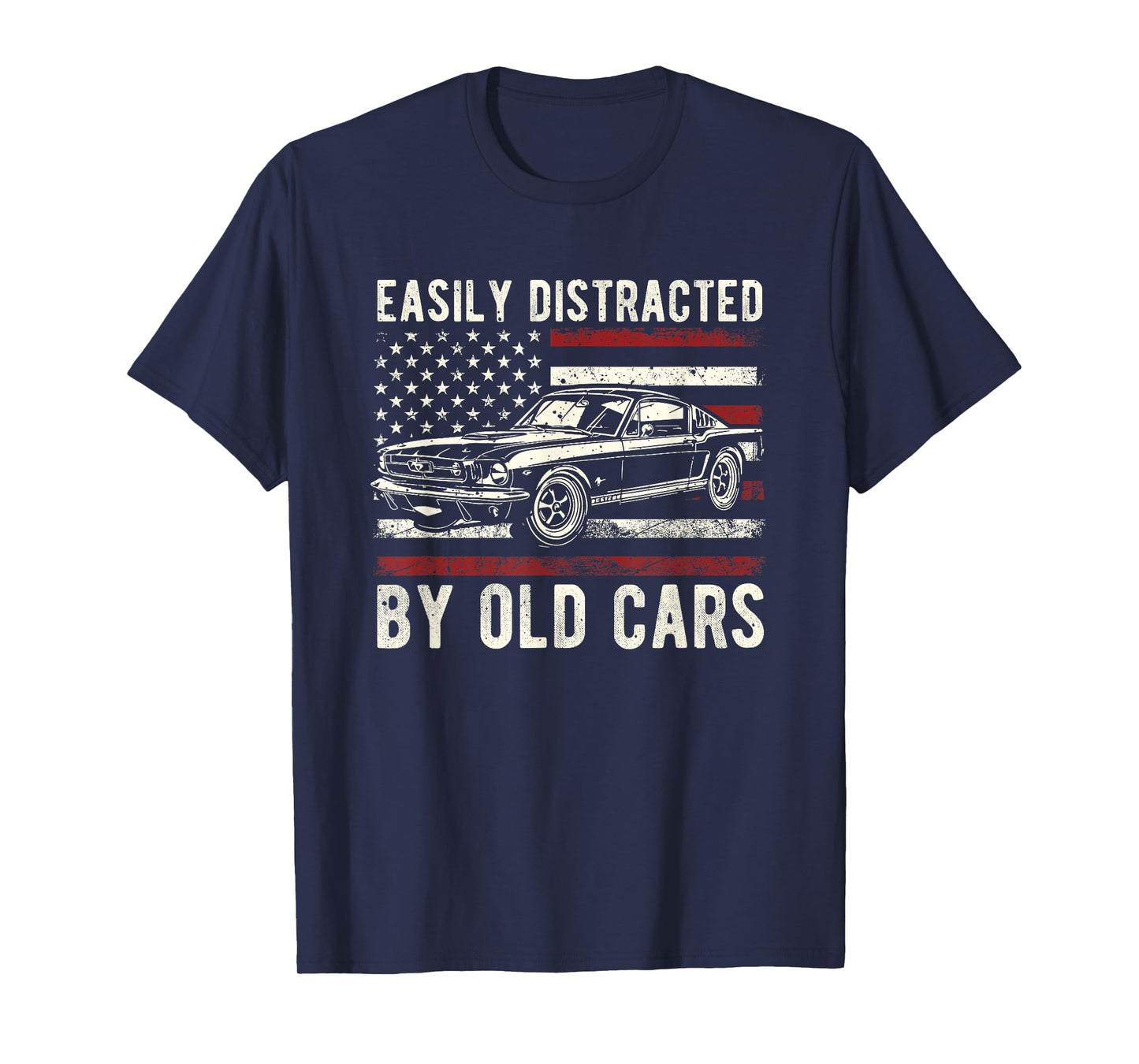 Easily Distracted by Old Cars Classic Vintage American Flag T-Shirt