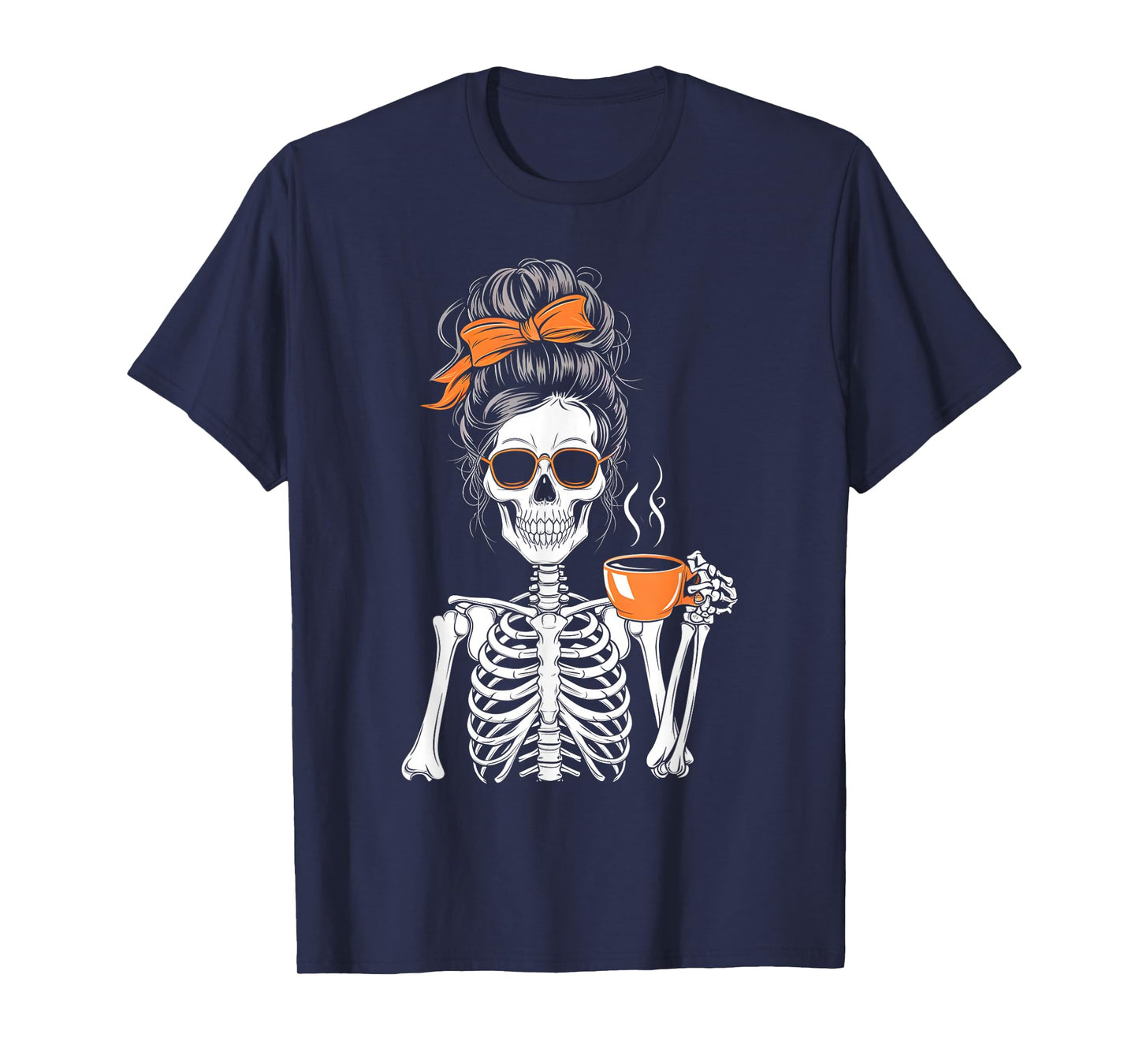 Halloween Skeleton Messy Bun Coffee Funny Costume Mom Women T-Shirt