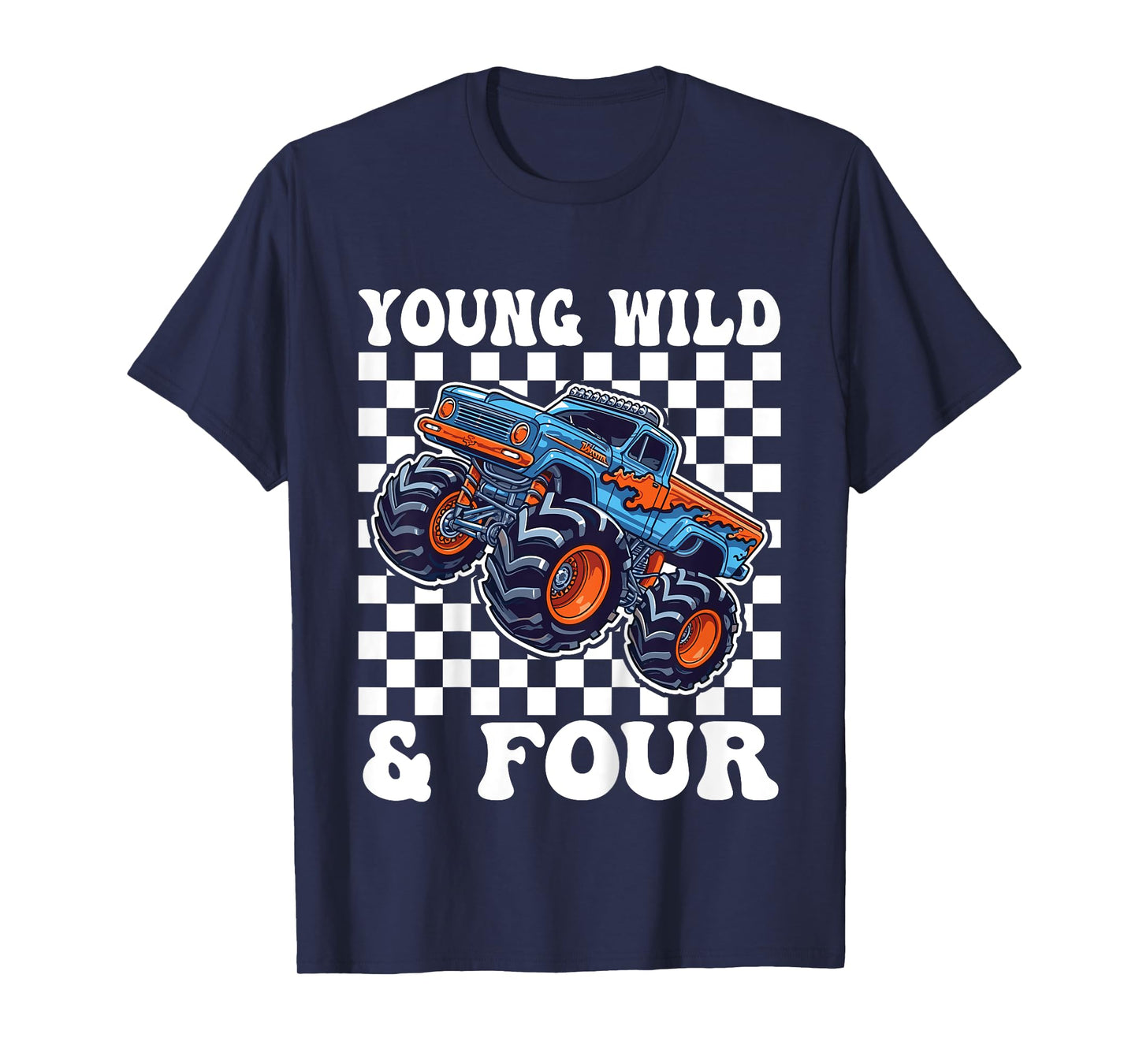 Kids 4th Birthday Monster Truck Young Wild and Four 4 Year T-Shirt