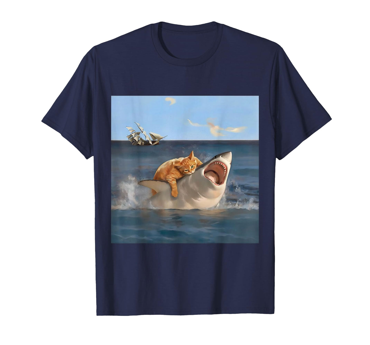 Orange Cat Biting Shark Humorous Funny Art Meme Cat Lover T-Shirt