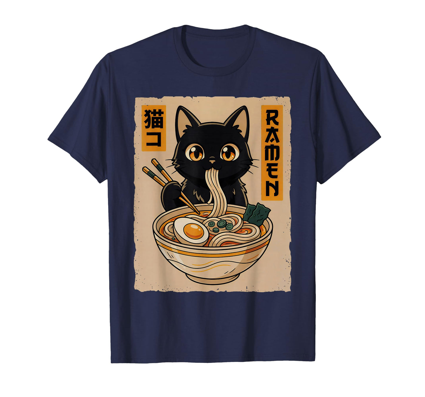 Funny Kawaii Anime Cat Eating Ramen Noodles Bowl Cat Lover T-Shirt