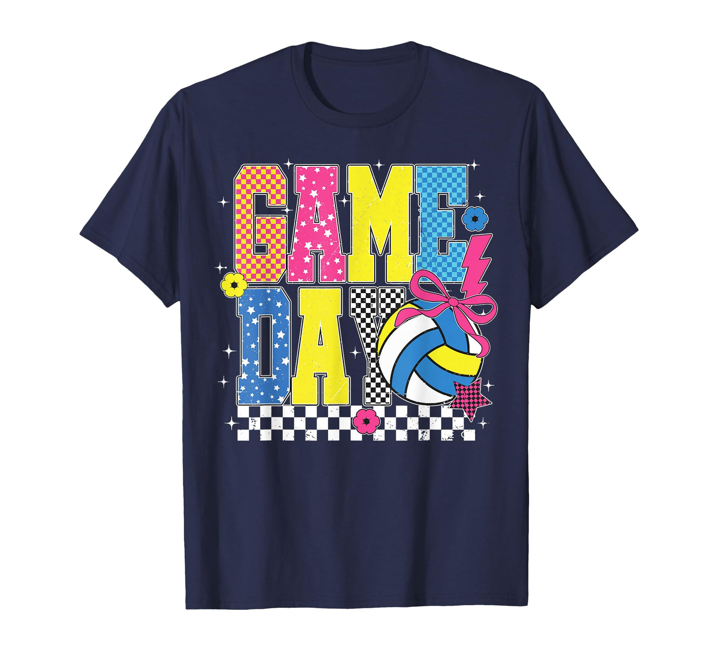 Game Day Volleyball Checkered Funny Volleyball Coquette Bow T-Shirt