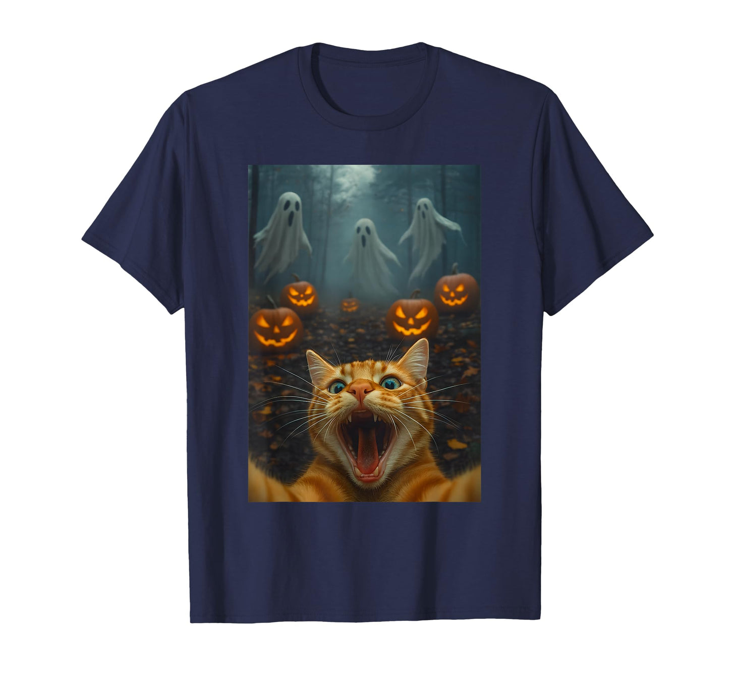 Spooky Halloween Funny Cat Selfie with Ghost Boo Pumpkin T-Shirt