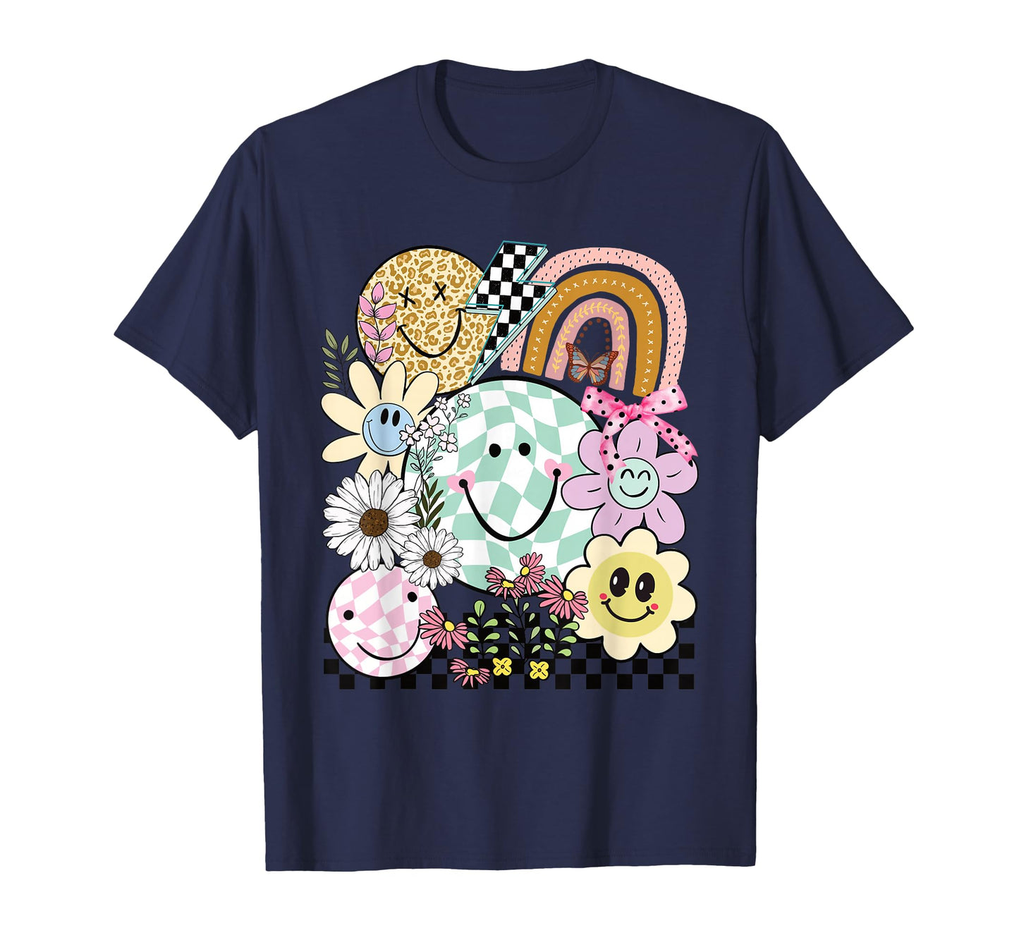 Funny Checkered Happy Smiling Smile Face Daisy Flower Girl T-Shirt