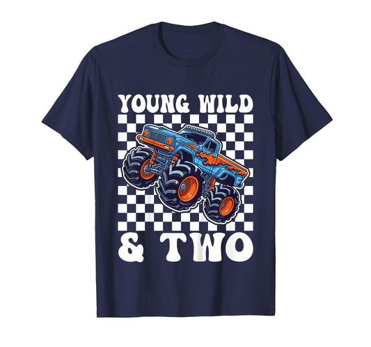 2nd Birthday Monster Truck Young Wild and Two 2 Year Old T-Shirt