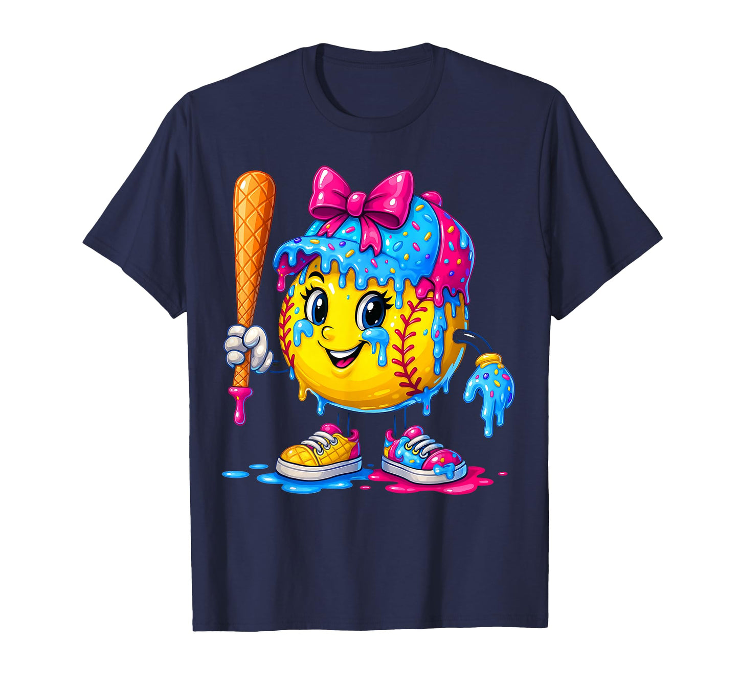 Softball Girls Ice Cream Drip Bat Sweet Sport Youth Game Day T-Shirt