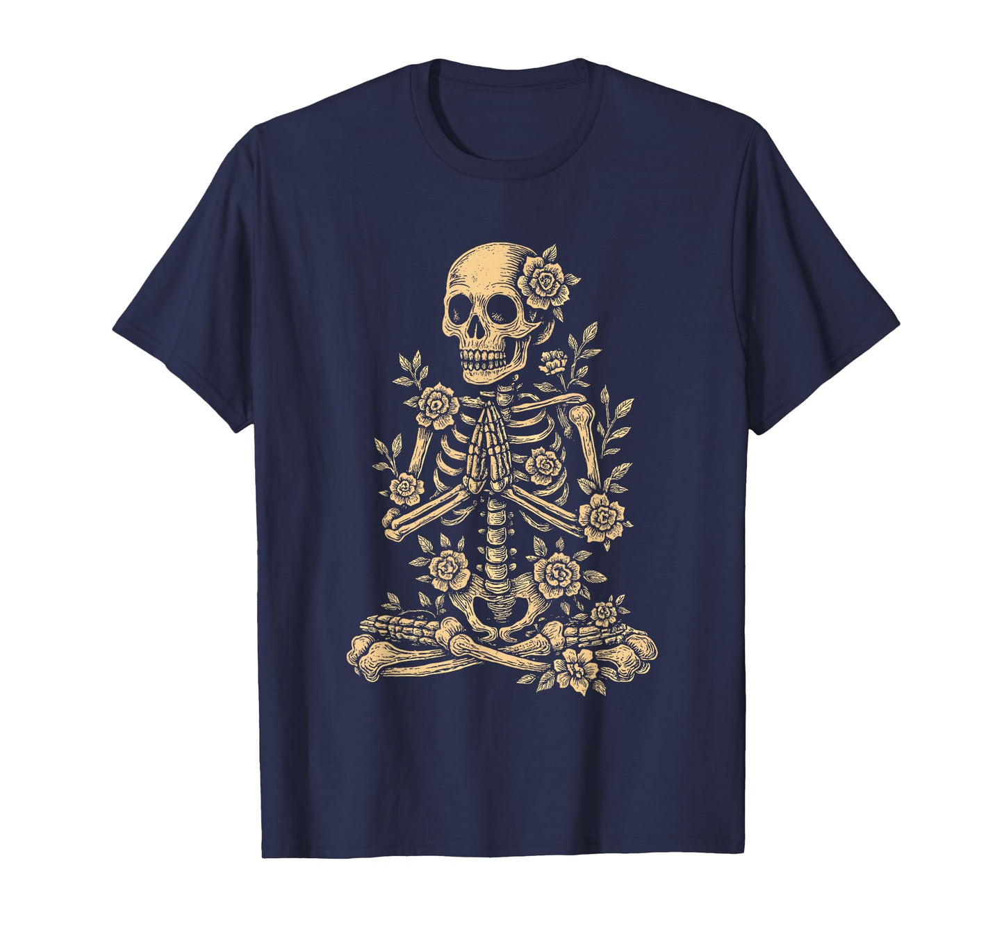 Halloween Yoga Skeleton Meditating Floral T-Shirt