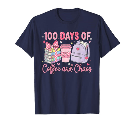 100 Days of Coffee and Chaos School Teacher 100th Day Bow T-Shirt