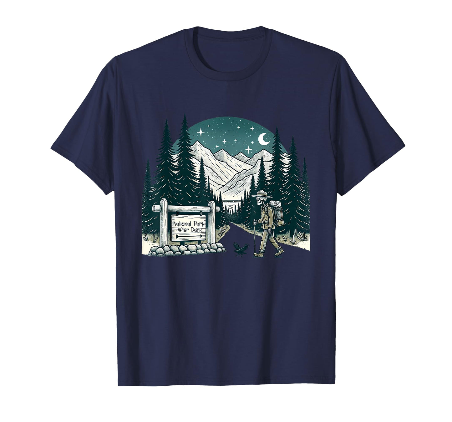 Vintage Retro National Park After Dark Skeleton Hiking Camping Outdoor T-Shirt, Small
