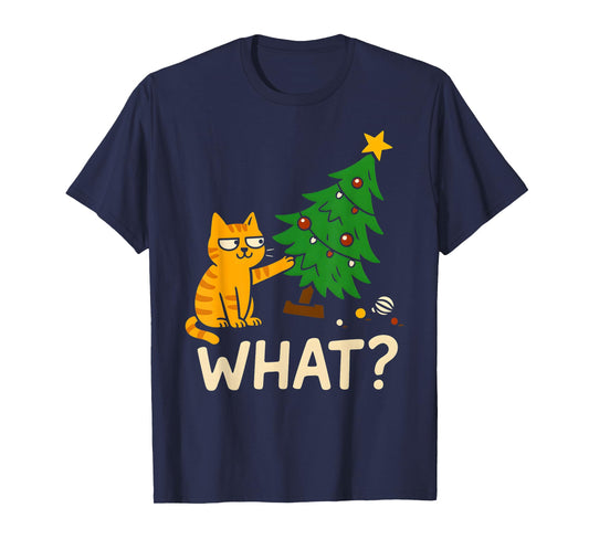 Tabby Cat Xmas Cat Pushing Christmas Tree Over Cat What? T-Shirt