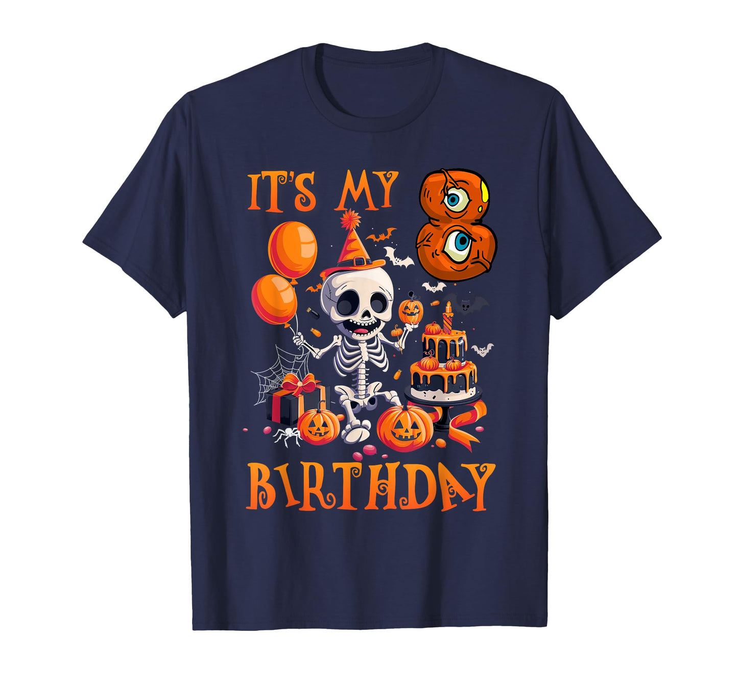 Kids Boo It's My 8th Birthday Halloween Skeleton 8 Years Old T-Shirt