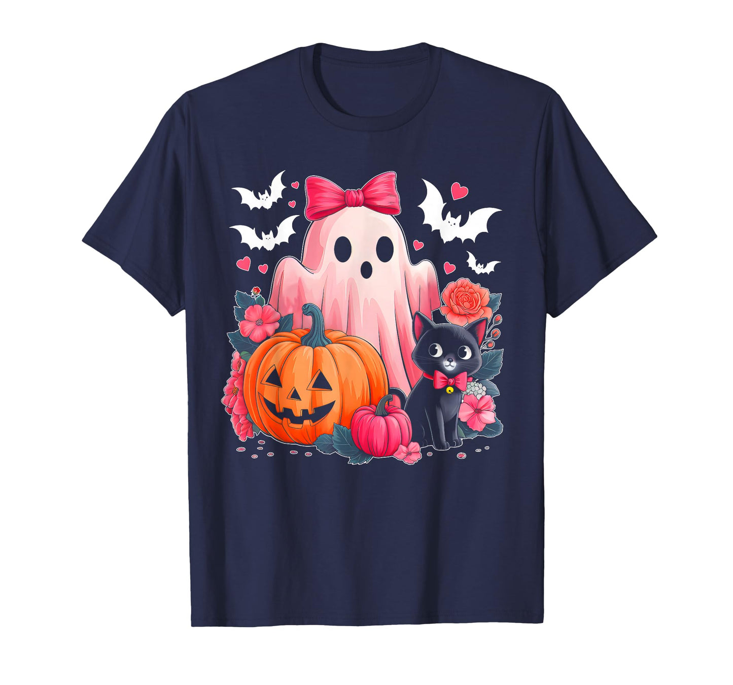 Cute Floral Pink Ghost Pumpkin Black Cat Halloween Costume T-Shirt