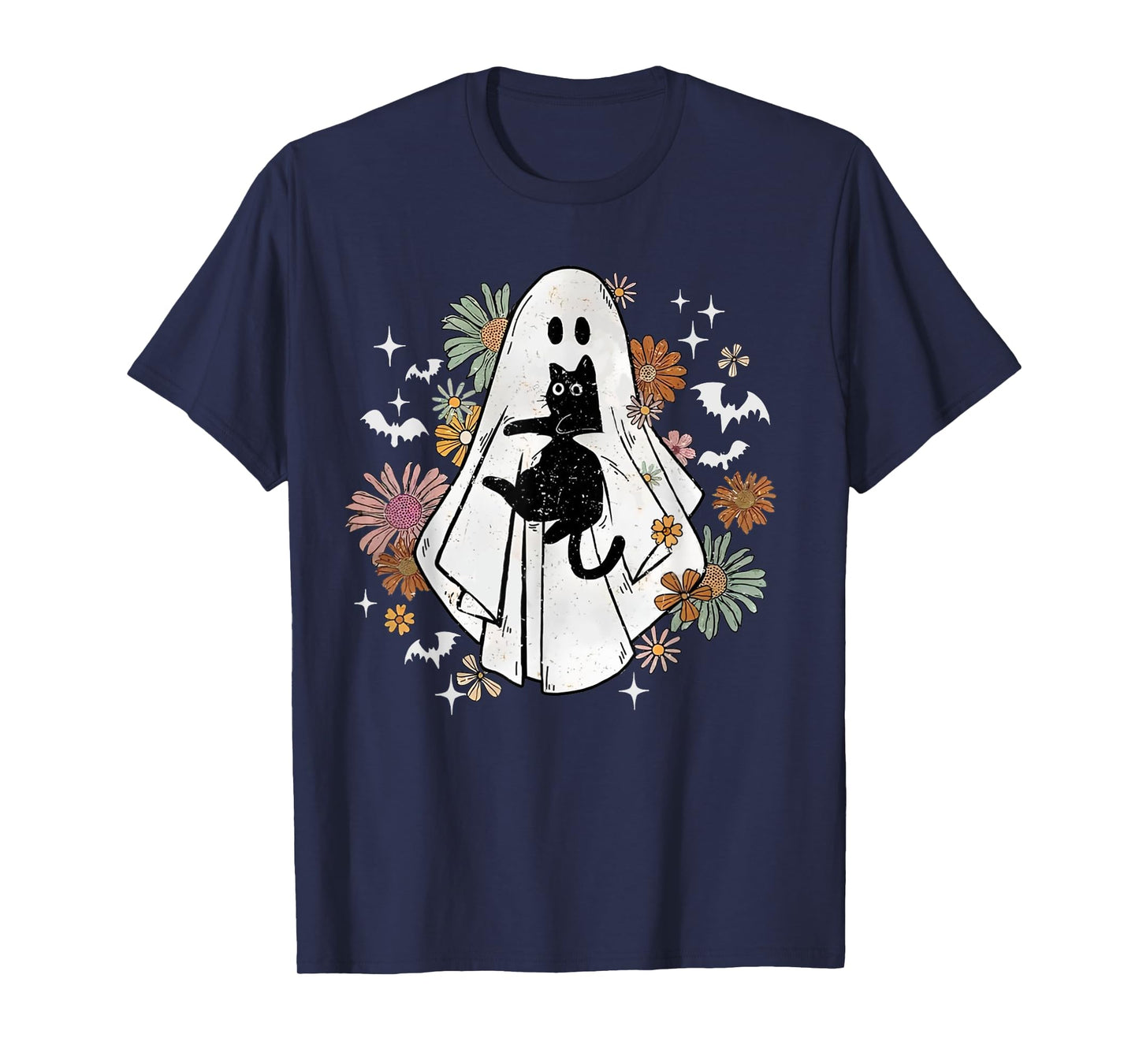 Spooky Ghost Holding Black Cat Groovy Floral Halloween Goth T-Shirt