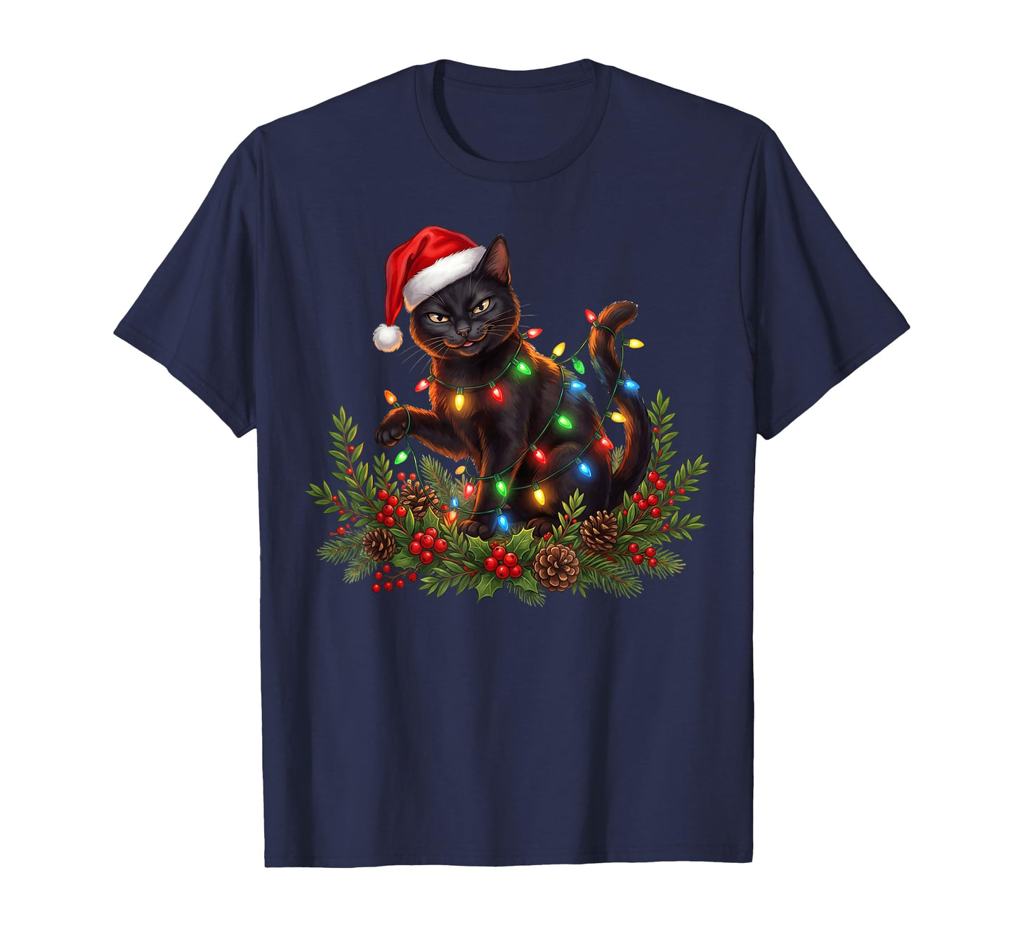 Black Cat Christmas Santa Hat Funny Meowy Cats Women Men T-Shirt