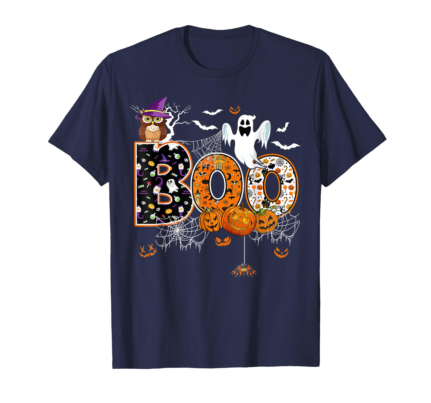 Boo Creepy Owl Pumpkin Ghost Halloween Men Women Kids T-Shirt