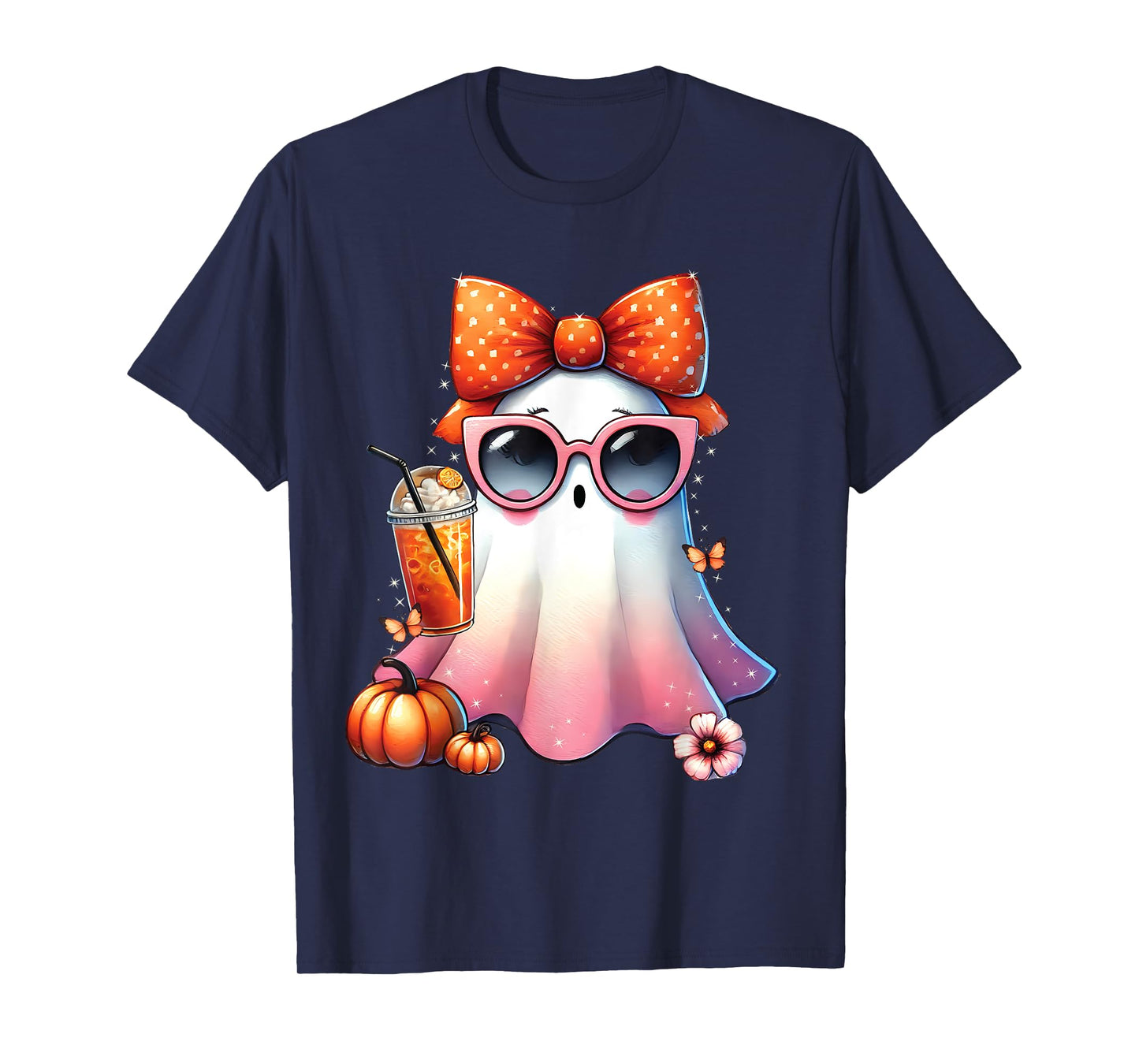 Cute Ghost Drinking Coffee With Halloween Bow Women Girls T-Shirt