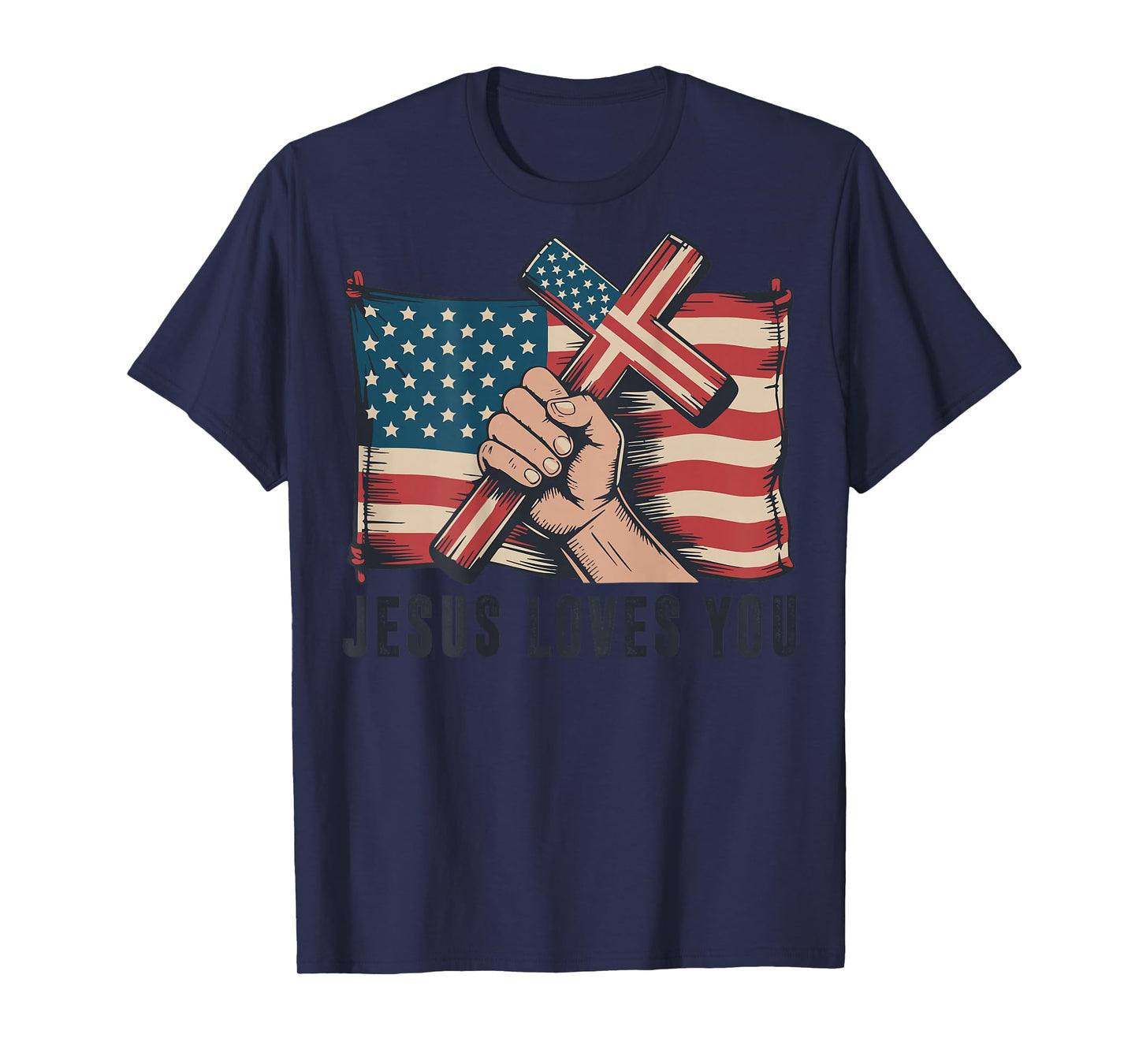 Mens Jesus Loves You American Flag Christian Patriotic Cross T-Shirt