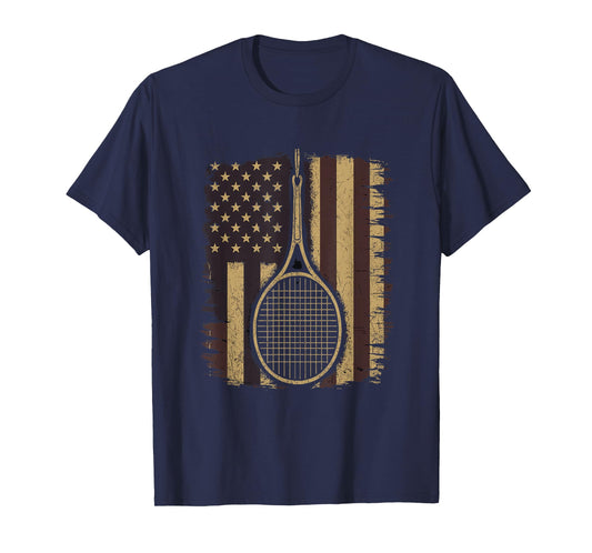 Tennis Racket USA Flag Vintage Patriotic Tee Boys Girls T-Shirt