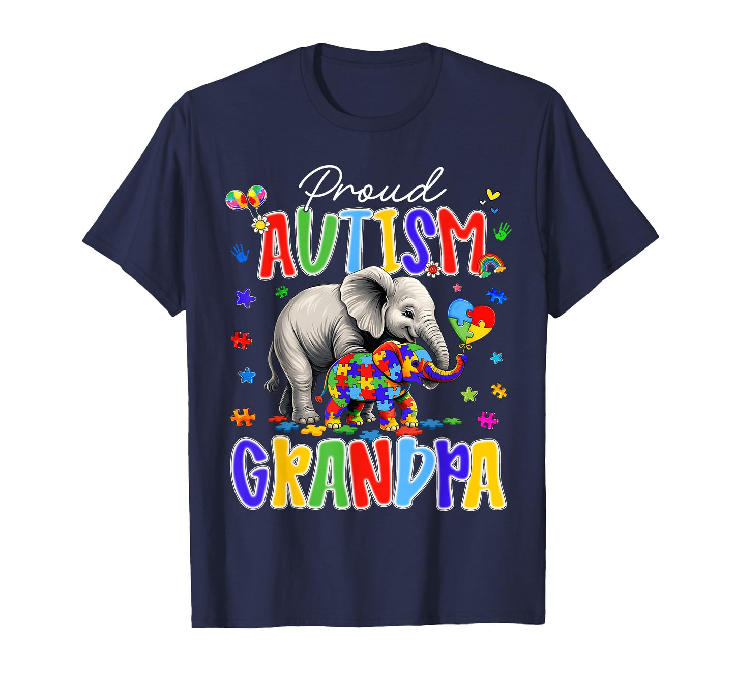 Autism Awareness Proud Autism Grandpa Puzzle Elephant Family T-Shirt