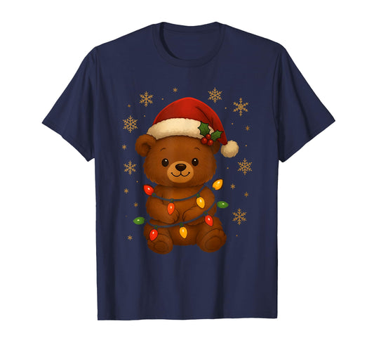 Cute Teddy Bear Christmas Tree Lights Santa Hat Funny Xmas T-Shirt
