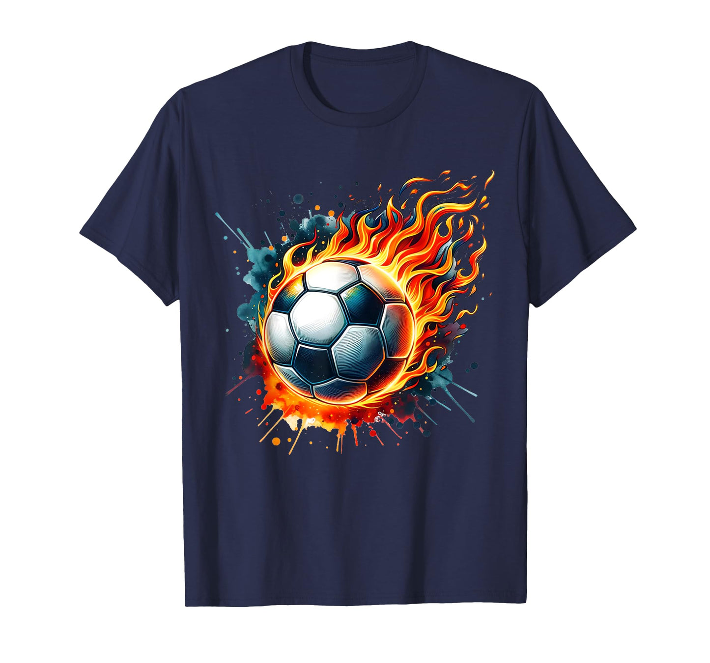 Flaming Soccer Ball on Fire Colorful Splash Sports Lover Fan T-Shirt