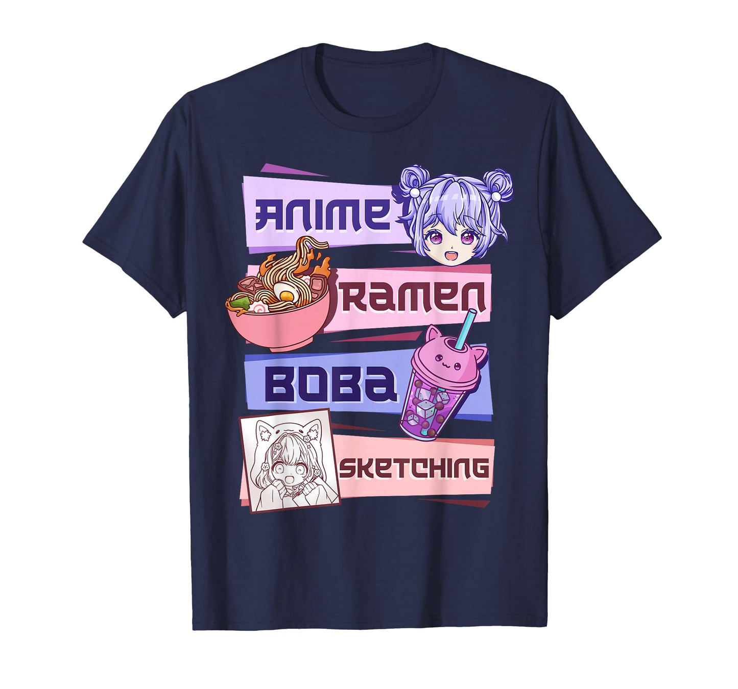 Anime Girl Ramen Boba Tea Bubble Tea Sketching T-Shirt
