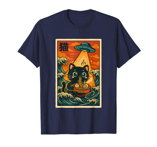 Vintage Japanese Anime Ramen Ukiyo-e UFO Funny Kawaii Cat T-Shirt