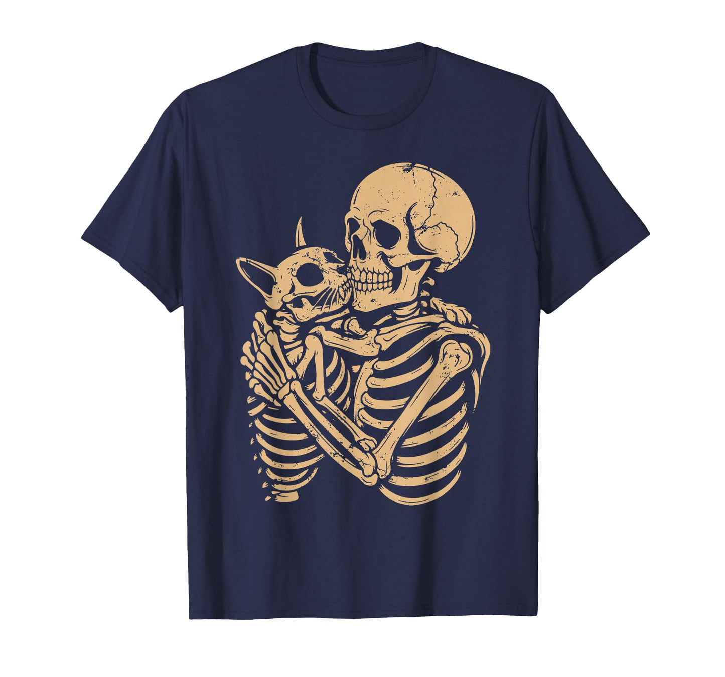 Skeleton Hugging Cat Halloween Funny Cat Lover Cat Mom Dad T-Shirt