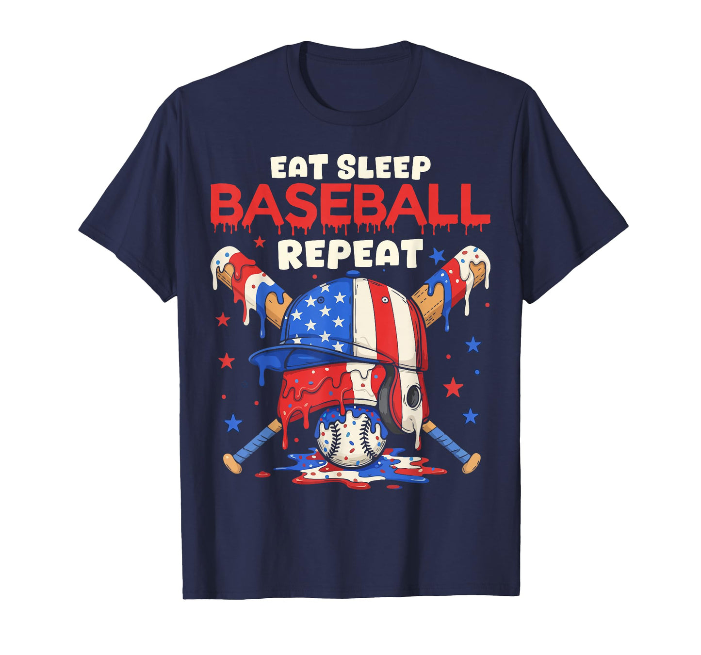 Eat Sleep Baseball Repeat Funny Ice Cream Drip Crossed Bats T-Shirt