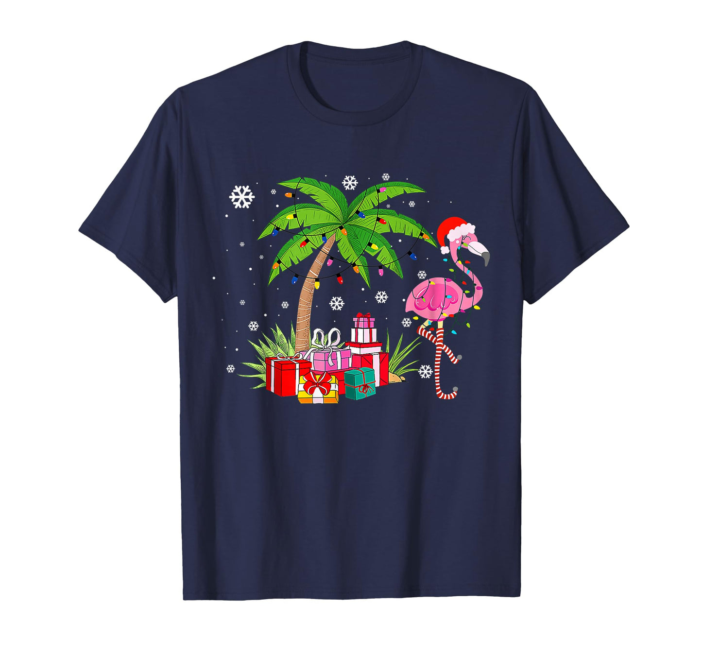 Pink Flamingo Christmas Palm Tree Tropical Xmas Funny T-Shirt
