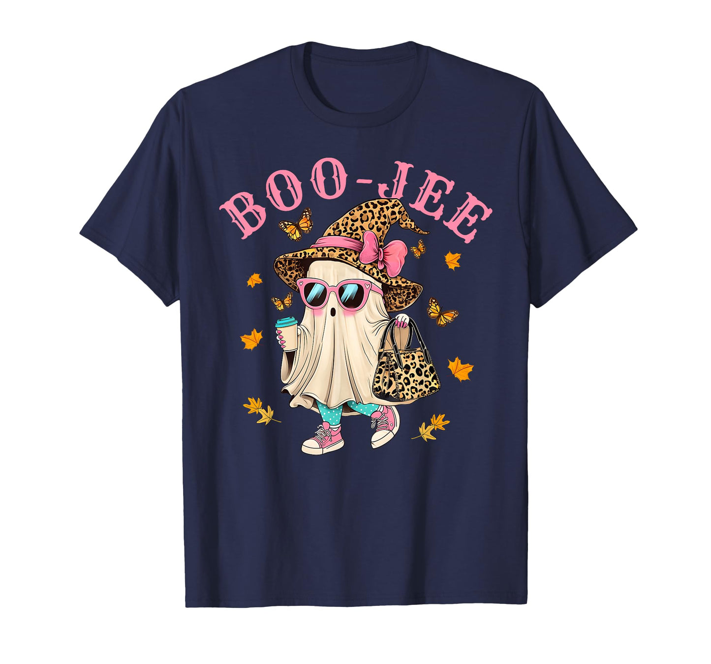 Cute Boo Jee Leopard Ghost Halloween Coffee Women Girl T-Shirt