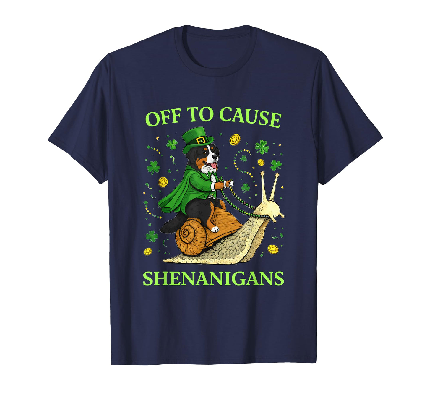 St Patricks Day Bernese Mountain Dog Riding Snail Shenanigan T-Shirt