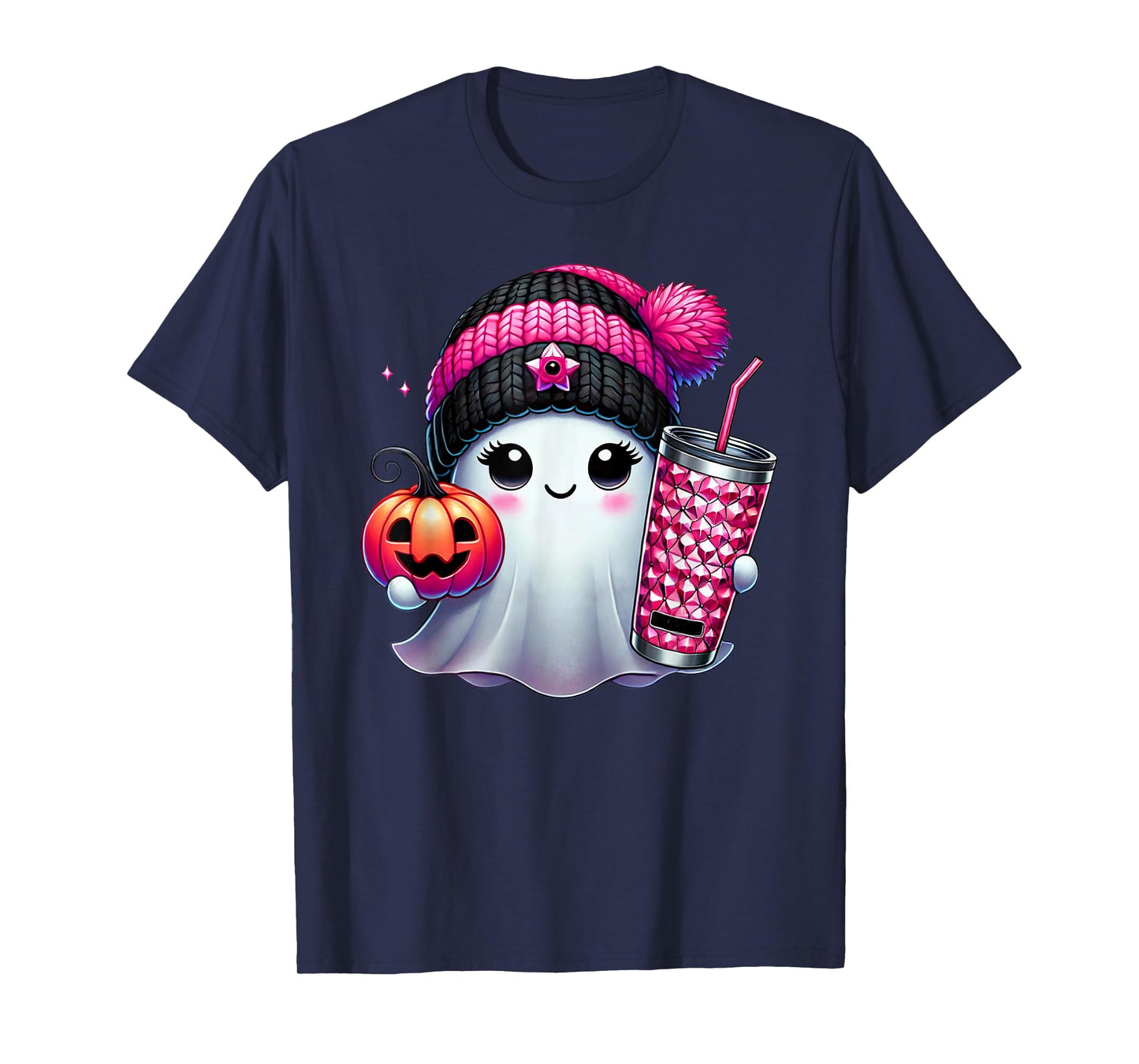 Cute Ghost Drinking Coffee Halloween Ghost Ice Coffee Womens T-Shirt
