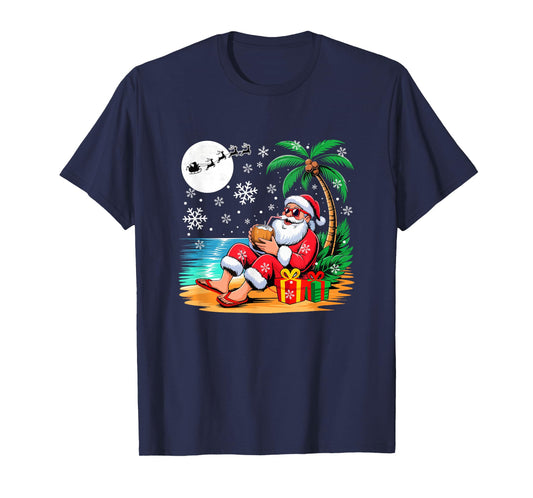 Funny Santa Sunglasses Drinking Coconut On Beach Christmas T-Shirt