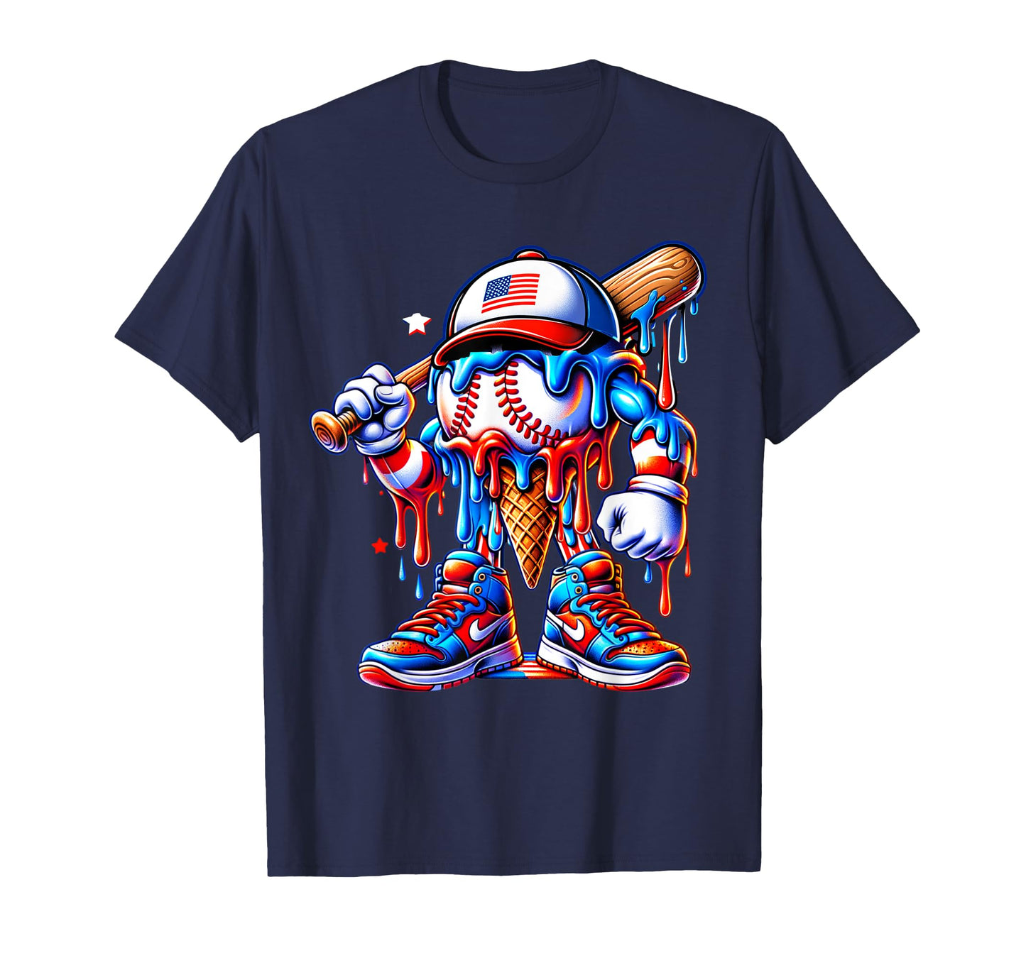 4th of July Red White and Blue Baseball Ice Cream Drip Boys T-Shirt
