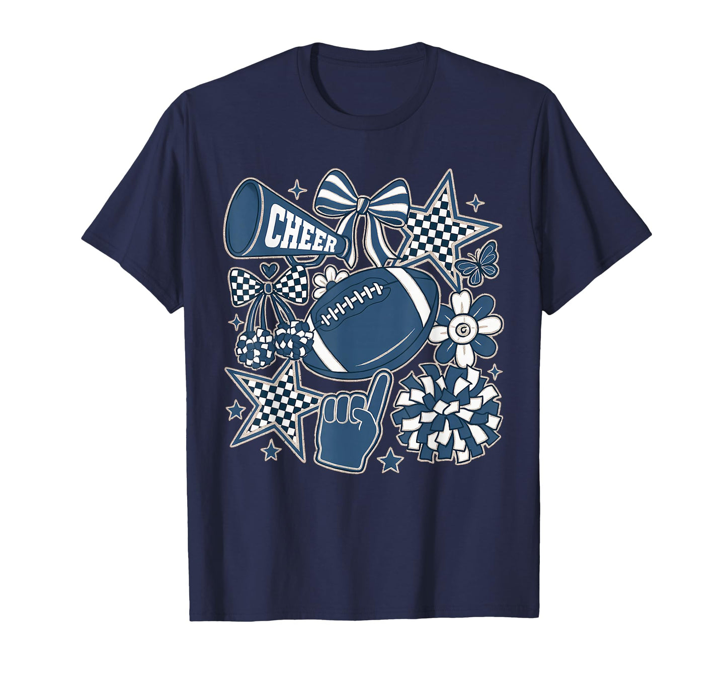 Coquette Bow Football Blue Game Cheer Mom Touchdown T-Shirt