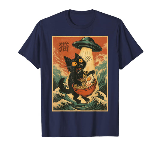 Cat Ramen UFO Funny Japanese Anime Tee Men Women Teens Kids T-Shirt