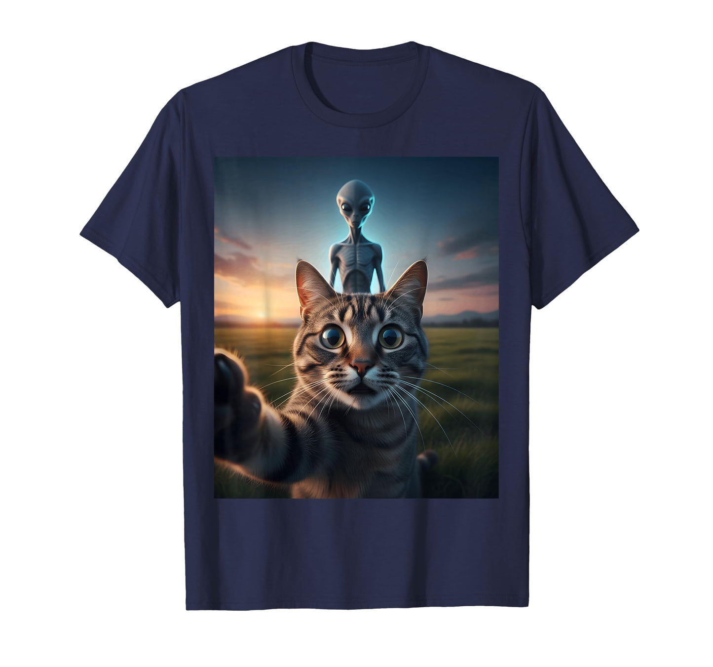 Cat Selfie with Alien on The Back Funny for Kids Teens Adult T-Shirt