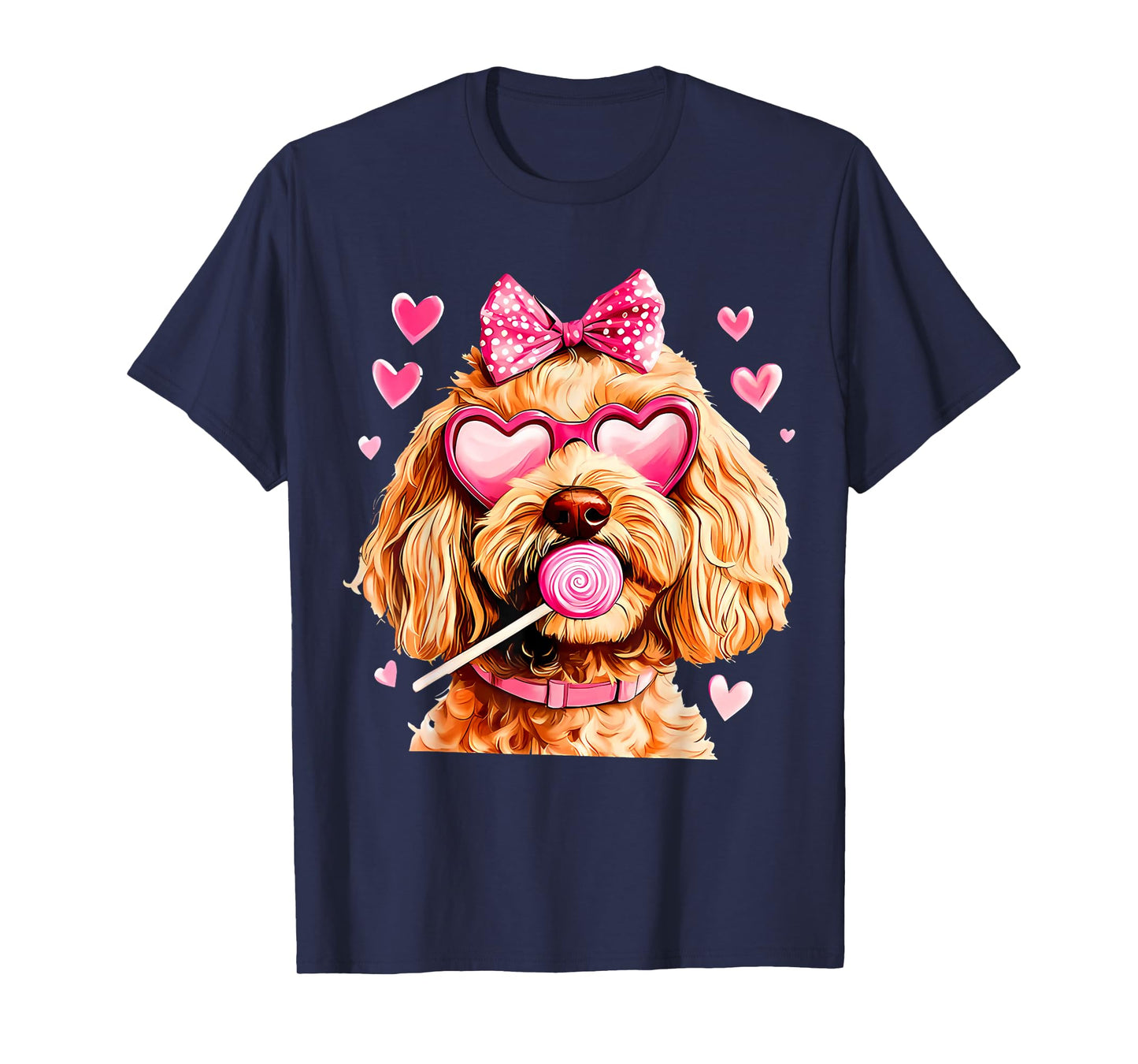 Cute Goldendoodle Wearing Glasses Heart Puppy Valentines Bow T-Shirt