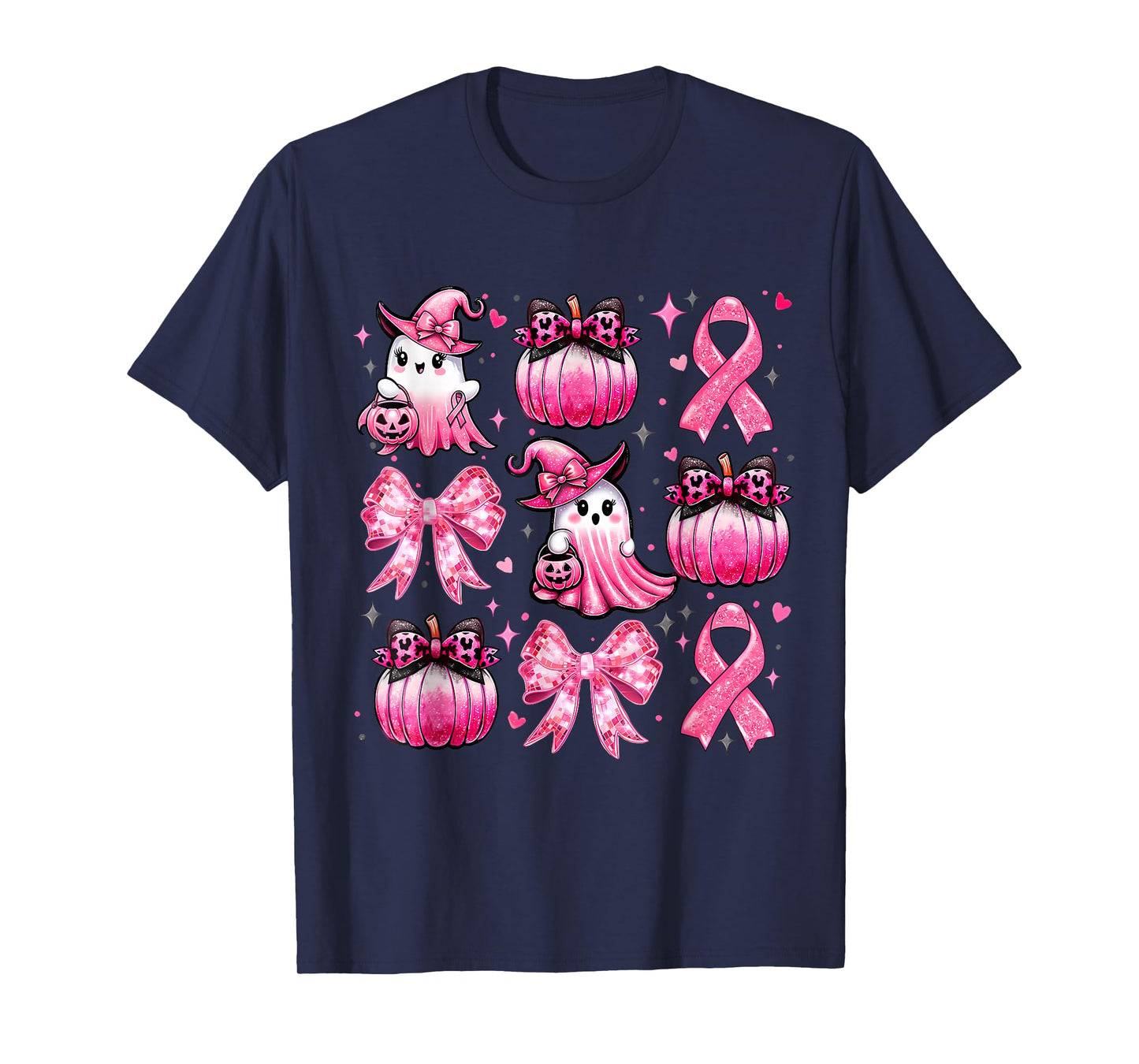 Pink Ghost Coquette Bow Halloween Breast Cancer Awareness T-Shirt