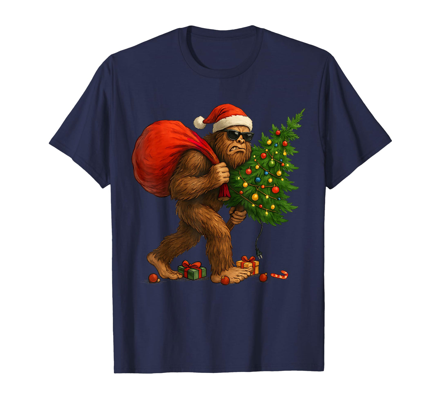Bigfoot Stealing Christmas Tree Lights Xmas Boys Men Sasquax T-Shirt