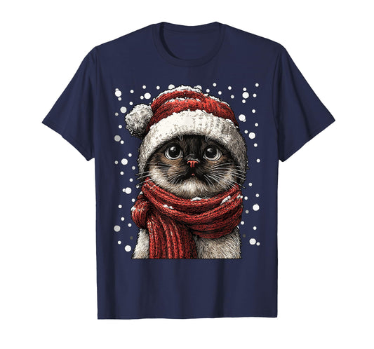 Snowy Siamese Cat with Snow Santa Hat Winter Christmas T-Shirt