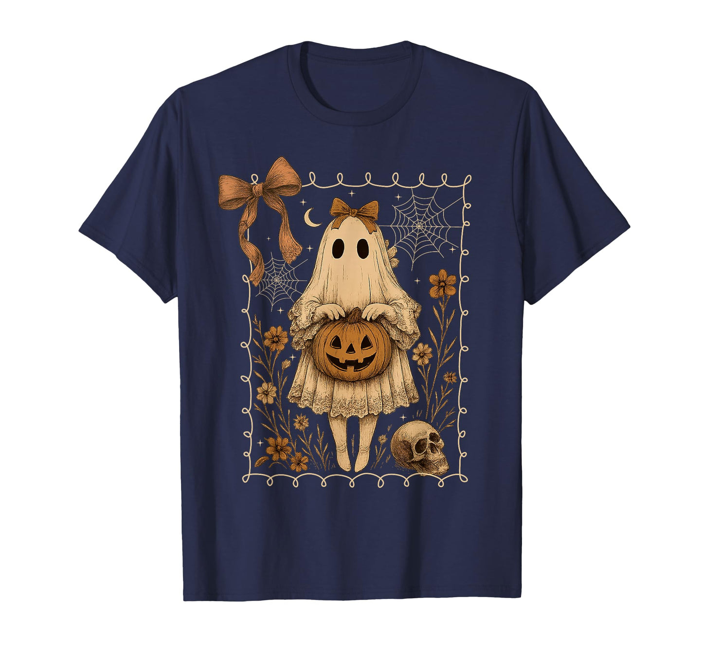 Ghost Floral Aesthetic Halloween Spooky Coquette Bow Girls T-Shirt