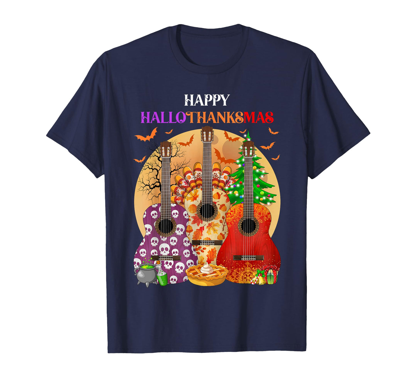 Happy HalloThanksMas Guitar Halloween Thanksgiving Christmas T-Shirt